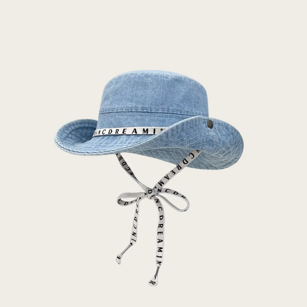 

Retro Big Brimmed Denim Bucket Hat Letter With Tie Belt Jeans Fisherman Hat UV Protection Korean Style Sunscreen Hat Lady