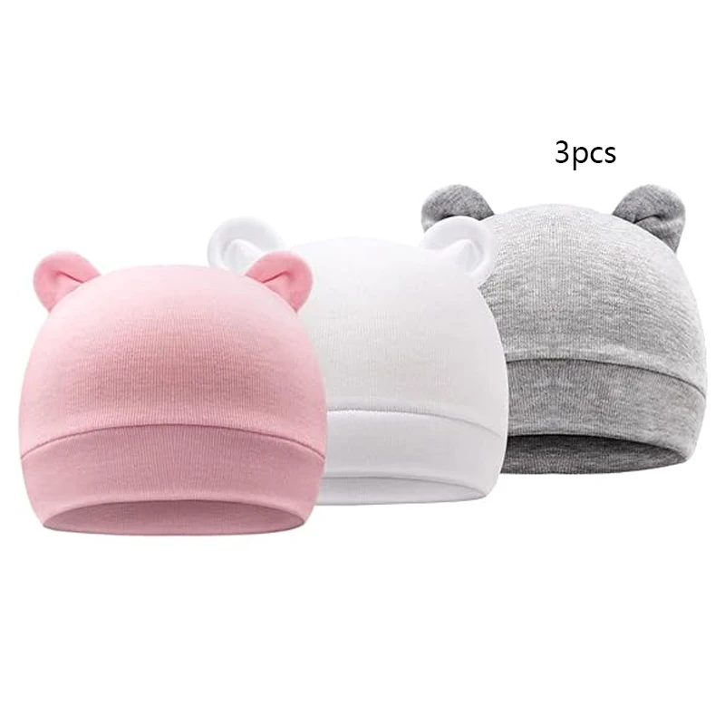 

3 шт., шапки для новорожденных девочек, комплект детских шапочек, шапки для младенцев, больничная шапочка с милыми медвежьими ушками, мягкие хлопковые шапочки для маленьких мальчиков и девочек