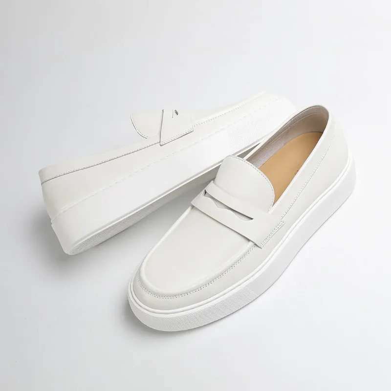 Men's Shoes Increase Height 4cm Thick-soled White Sports Board First-layer Cowhide Casual Leather Slip-on Loafers