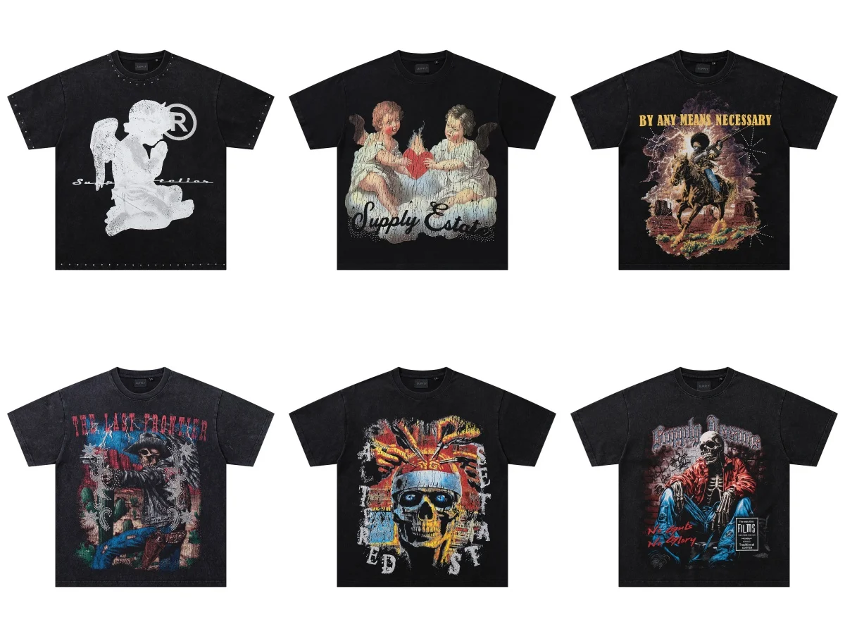 High Quality Washed Men T‑Shirt Rhinestone Praying Angel Graphic Print Tees Oversized Streetwear Hiphop Loose Casual T‑Shirt