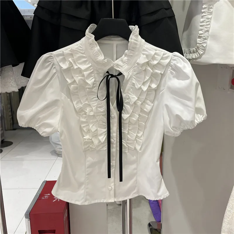 

Sweet Bowtie Short Sleeve Shirt Women's Summer New Stand Collar Bubble Sleeve Cotton Blend Polyester Blend Shirt