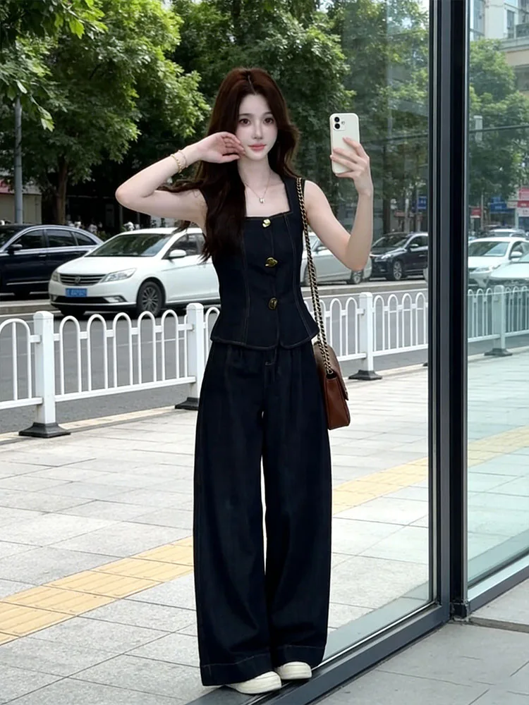 

Summer 2026 American Style Spicy Girl Casual Square Collar Sleeveless Top Wide Leg Jeans Denim Set Women's Fashion Ensemble