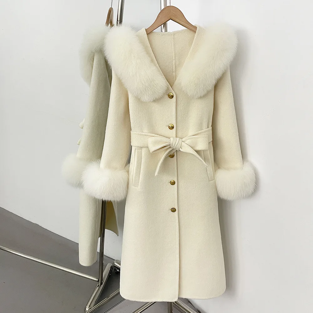 Women's 2025 Autumn and Winter New Fox Fur Collar Hooded Double-Sided Woolen Coat