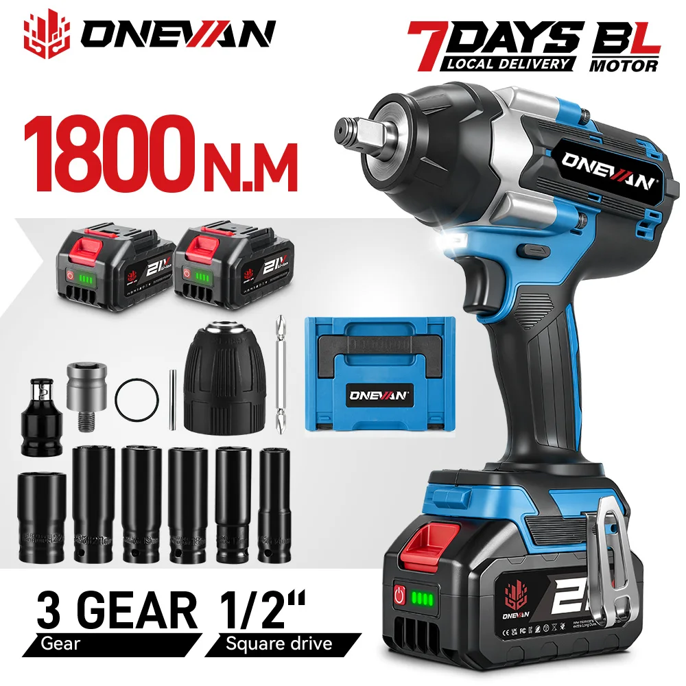 ONEVAN 1800N.M Hochleistungs-Akku-Schlagschrauber, bürstenlos, 1/2 Zoll, kabellos, Elektrowerkzeug, kompatibel mit Makita 18V Akku.