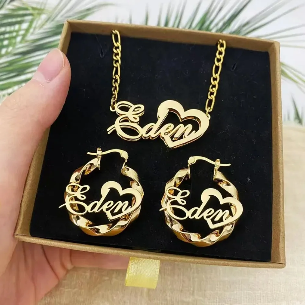LeeChee 30mm Twist Jewelry Set Custom Double Layer Heart Necklace 5mm Figaro Chain Pendant Jewelry Set
