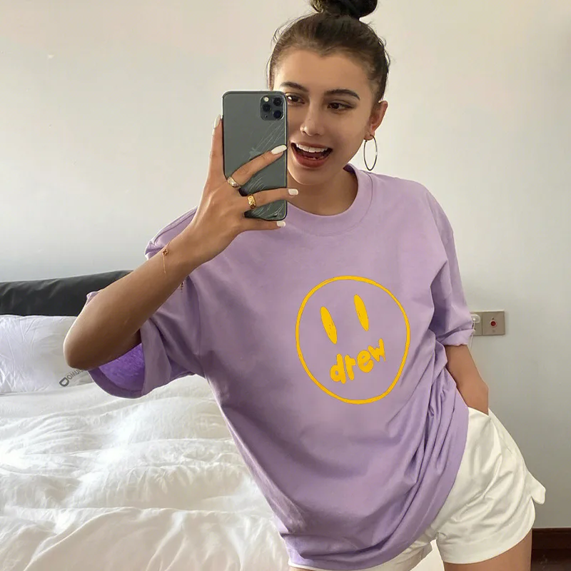 

Drew House Graffiti Hand-Painted Smiley Face Letter Print Short-Sleeve T-Shirt Unisex High-Street Half-Sleeve