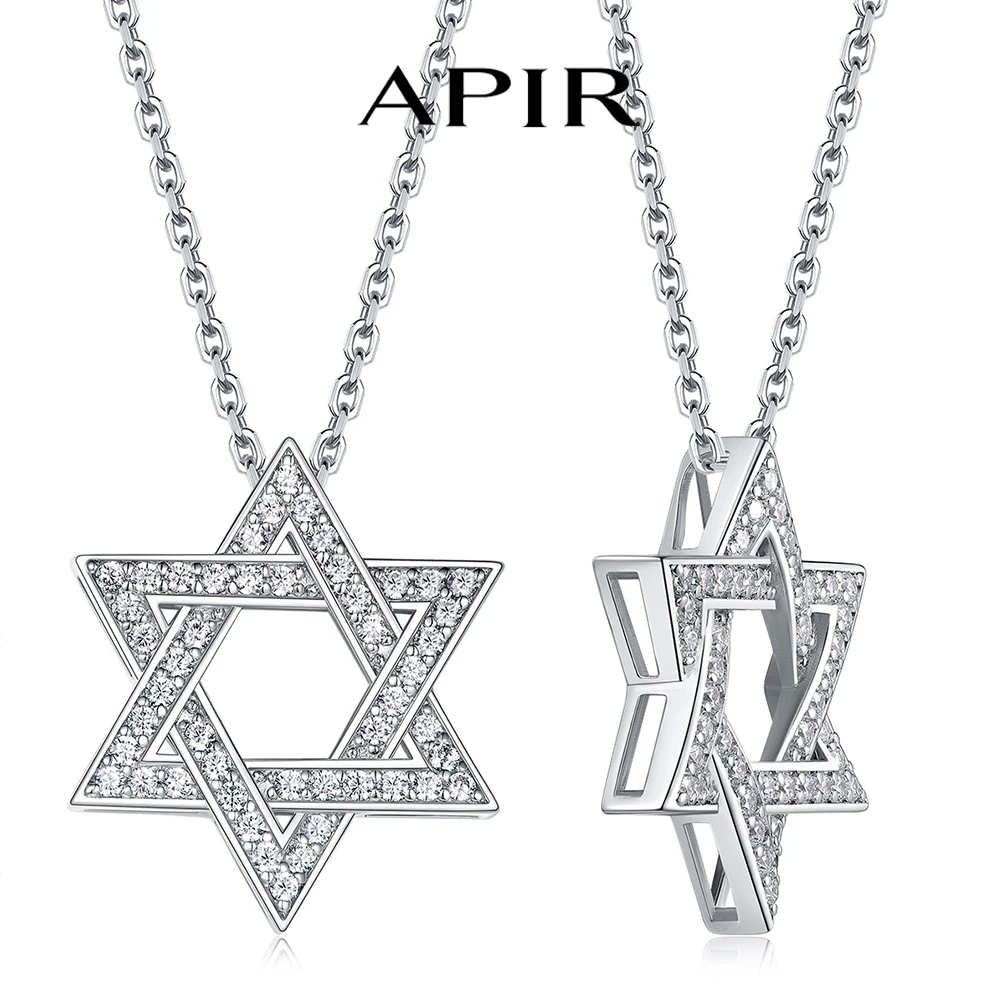 APIR 925 Silver D/VVS1 Moissanite Star Pendant Necklace Cross Star of David for Men Women Lucky Amulet Chain Neck Jewelry