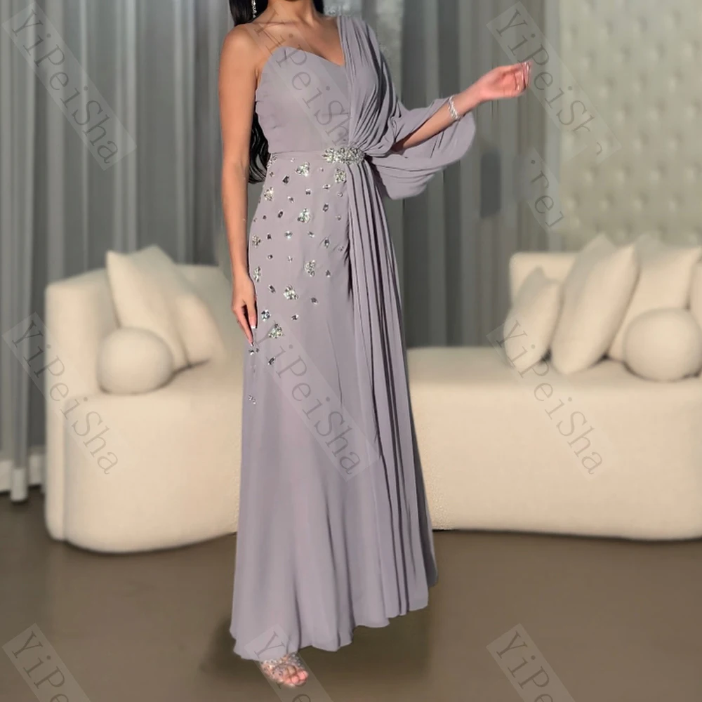 Abiti da sera a trapezio personalizzati Abito da ballo con maniche lunghe monospalla alla caviglia Abito da festa senza schienale drappeggiato in cristallo di moda