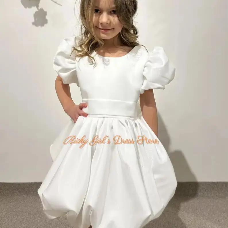 Precioso vestido personalizado de flores para niña, para invitadas de boda, manga abullonada blanca, largo hasta la rodilla, para fiesta de cumpleaños, primera comunión