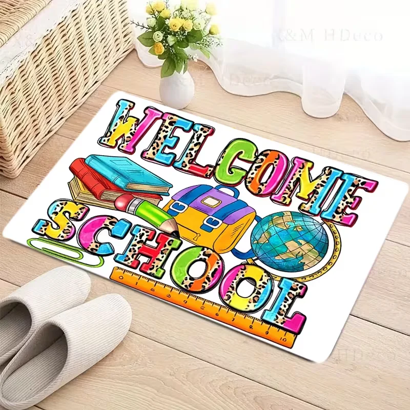 Colorful Welcome School Print Doormat Book Backpack Globe Pattern Non Slip Floor Rug Teacher Classroom Entrance Decor Mat