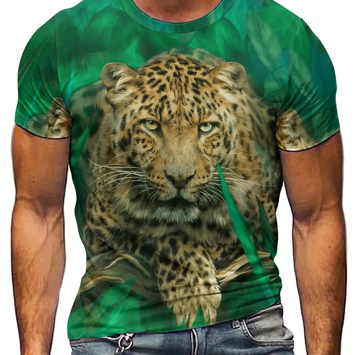 Men'S 3D Print Leopard & Tiger Design T-Shirt - Vibrant Green Jungle Animal Pattern, Short Sleeve, Polyester, Casual Summer Tee