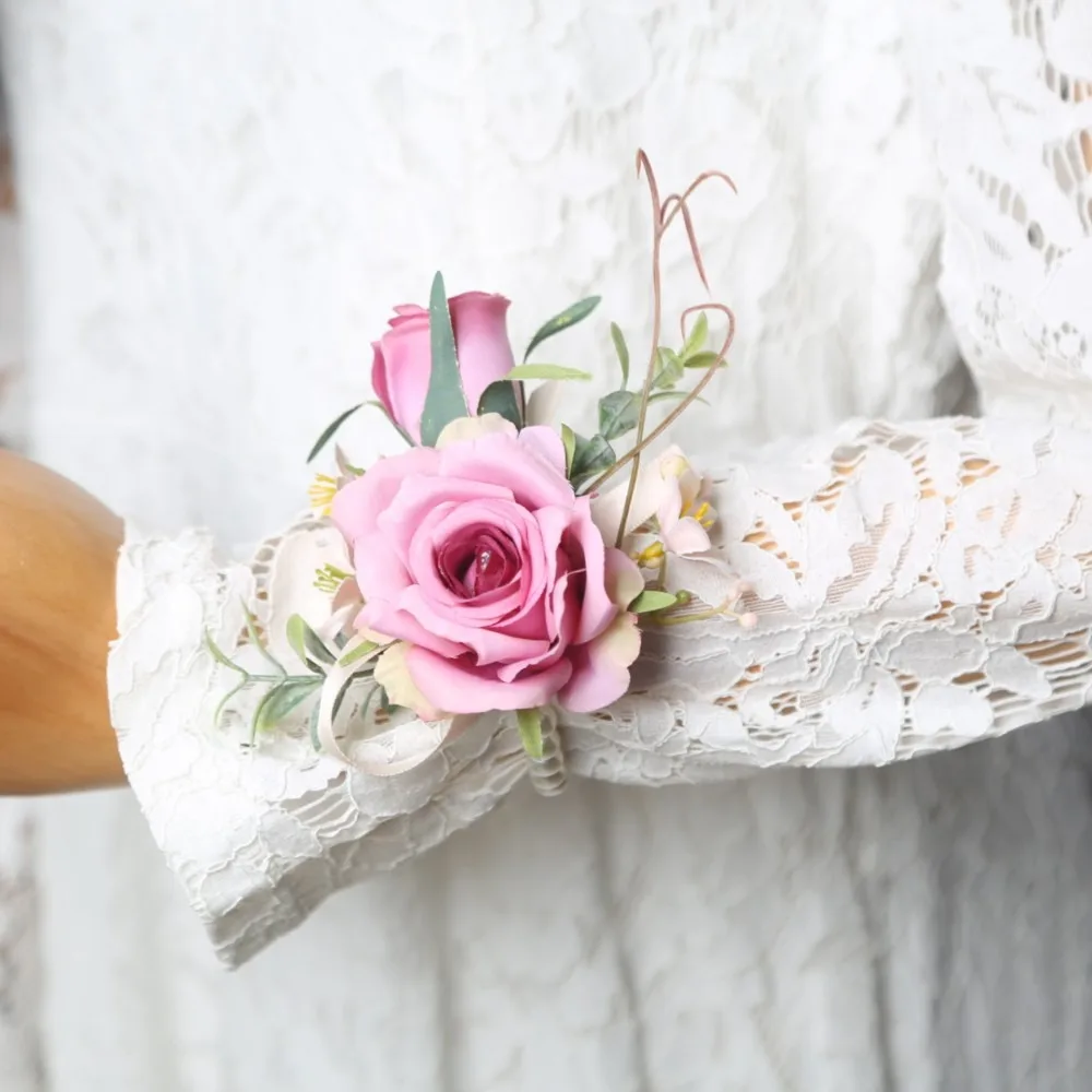 Kunstmatige Boutonnières Bloemen Roos Handgemaakte Pols Corsage Bruid Bruidsmeisje Zijde Bruidegom Borstbloem Bruiloft Accessoires