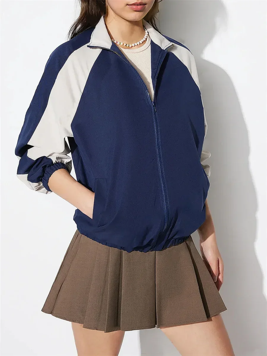 

Fashion Color Block Zip Up Jacket Women's Spring Fall Casual Long Sleeve Matching Loose Coat Preppy Girls With Pockets