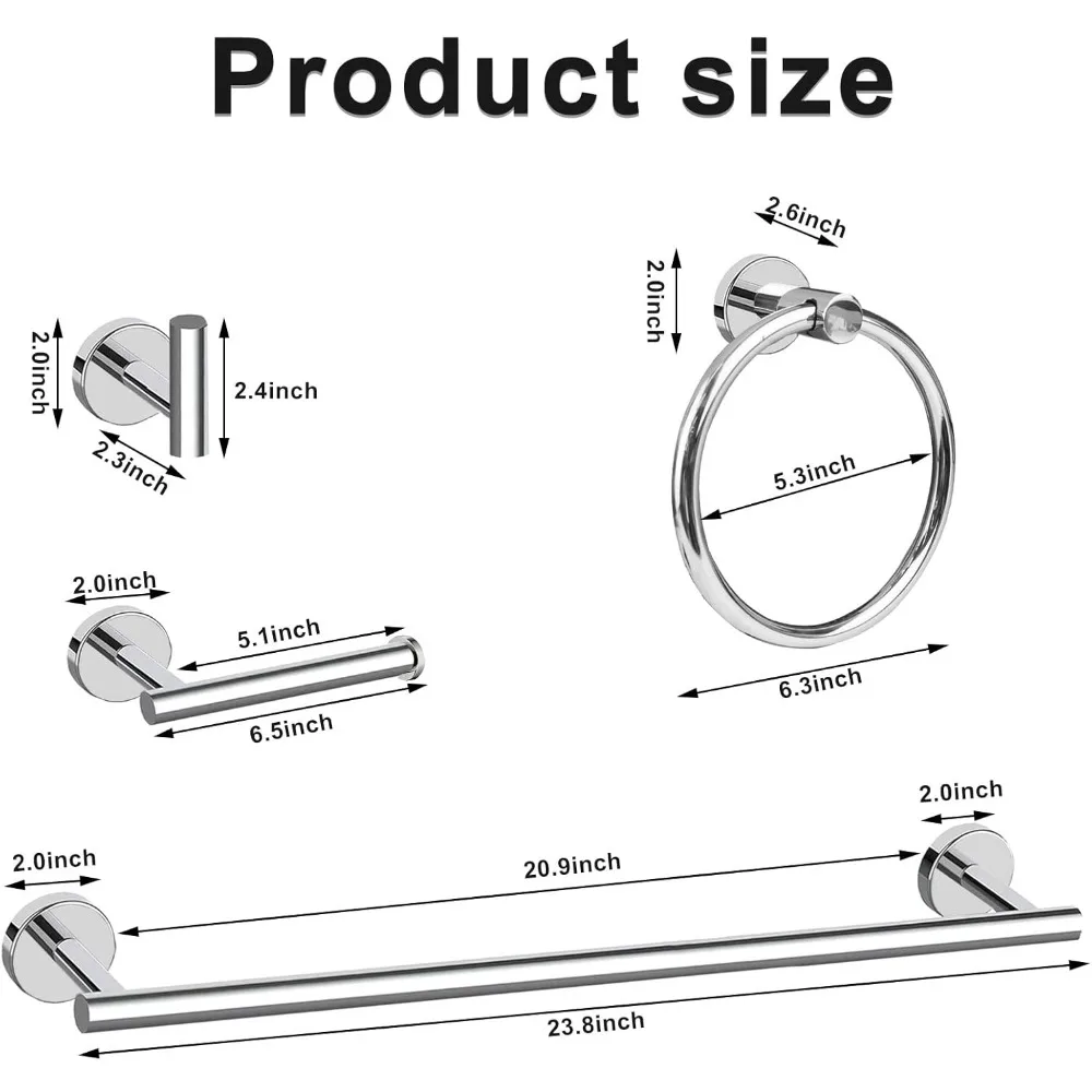 Polished Chrome Bathroom Hardware Set - 8 Piece Towel Bar, Ring, Toilet Paper Holder, Robe Hook, 24 Inch