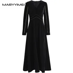 MARYYIMEI Black/Wine Red Autumn Designers Women's dress V-neck Long sleeved Bright Line Decoration Slim Elegantt Velvet Dresses