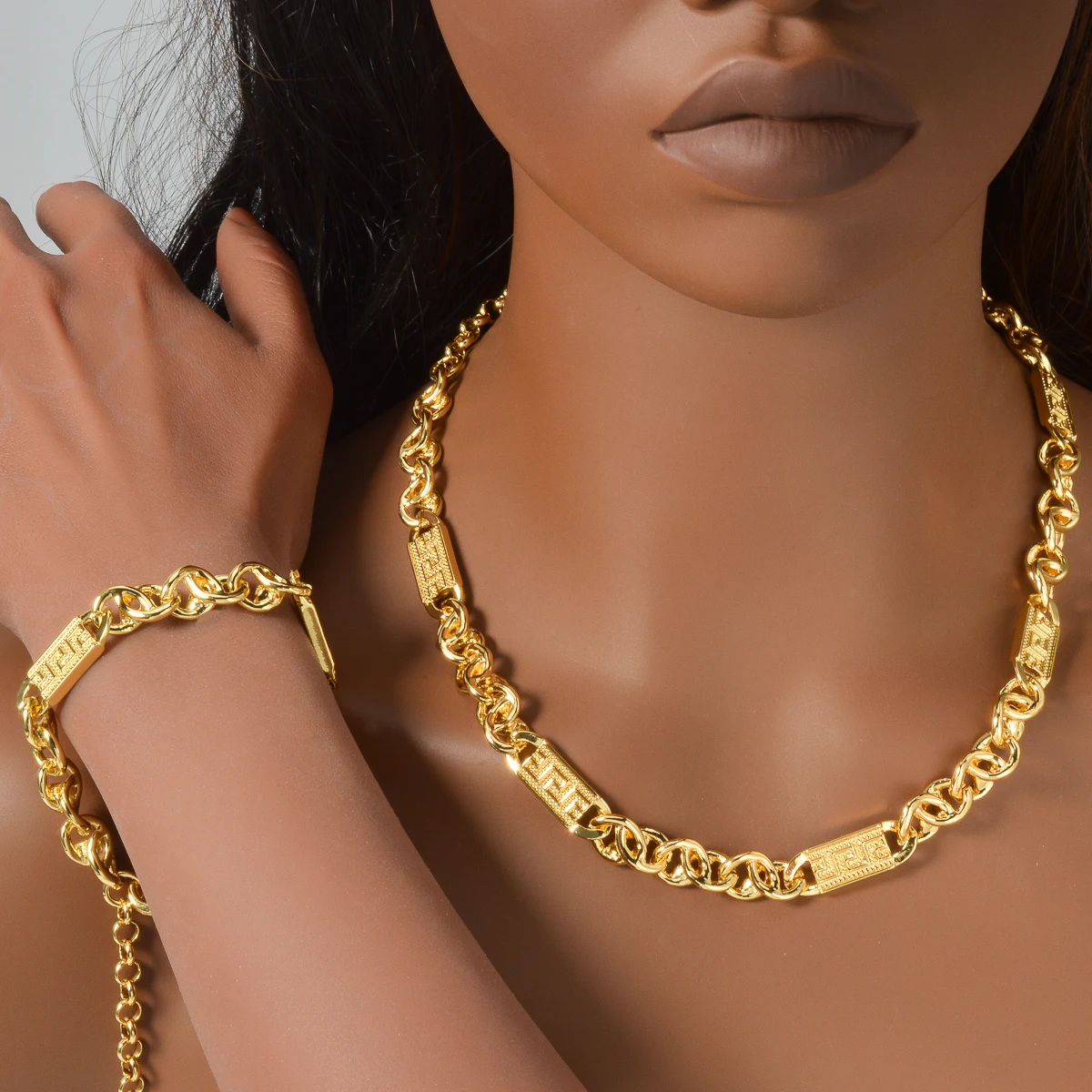 Textured Rectangle Link Chain Jewelry Set Gold Plated Necklace Bracelet Unisex Chunky Curb Choker Daily Party Hip Hop Accessory