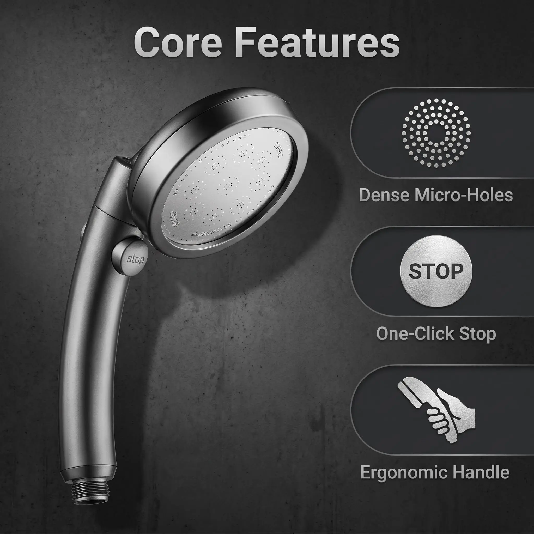 Matte Hand-Held Shower Head High Pressure One-Button Water Stop Multiple Spray Modes G1/2 with 1.5M Hose and Wall Bracket