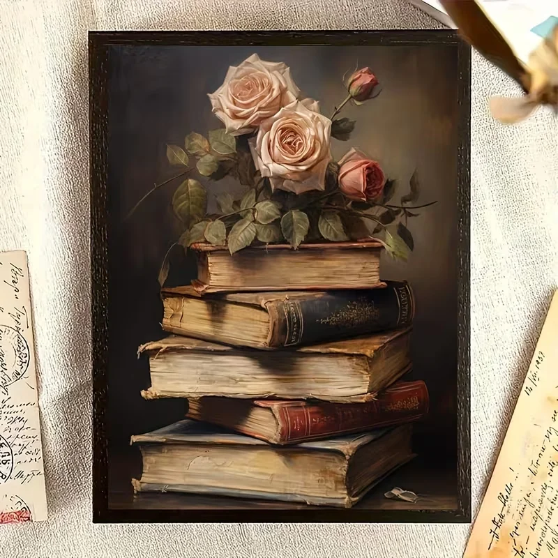 2D Flat, 2D Flat, 1pc Unframed Vintage Book Flower Design Canvas Poster, Creative Canvas Wall Art, Poster And Print, Artwork Wal