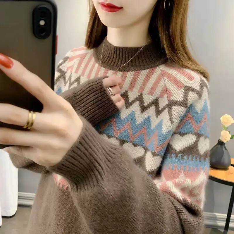 Women Autumn and Winter Fashion New Vintage Half High Collar Jacquard Sweaters Fleece Contrast Casual Warm Long Sleeves Tops