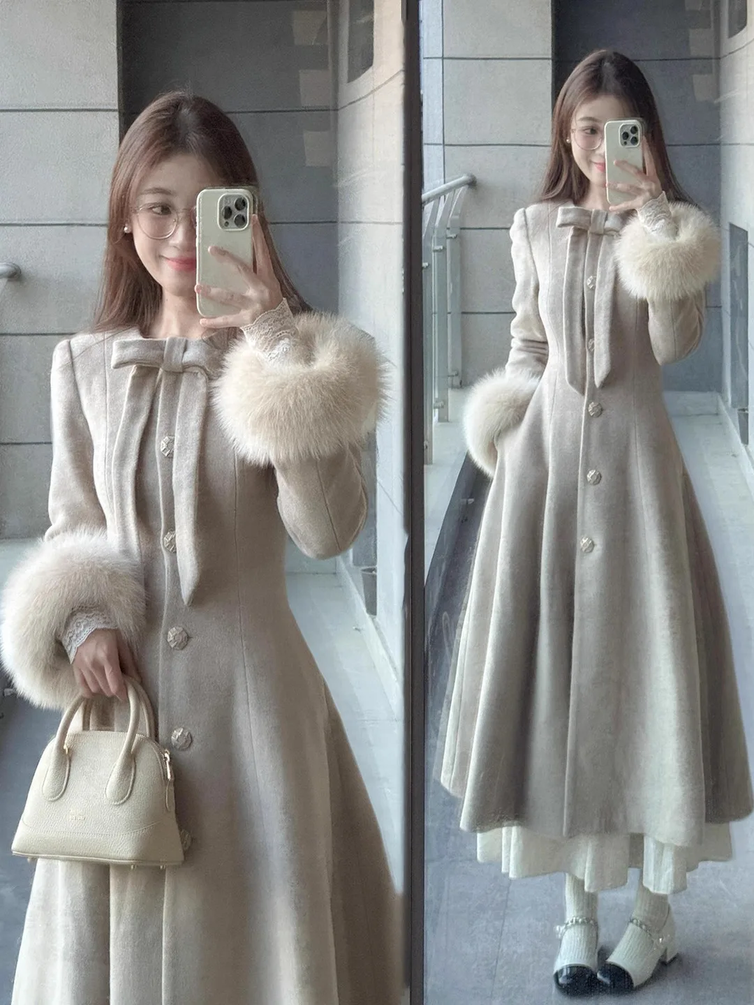French Women's Coat Temperament Long Style Waist Cinched Fur Sleeve Coat Autumn Winter New Solid Color High-end Woolen Coat