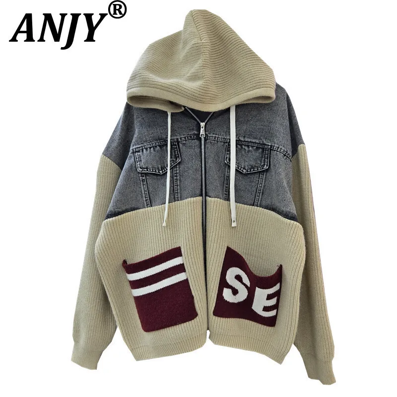 

ANJY 2025 Autumn Winter New Women Fashion Patchwork Denim Letter Hooded Elegant Knit Sweater Jacket Loose Lazy Style Chic A17439