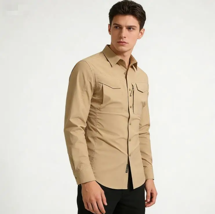Spring and Autumn Pure Color Workwear Button Shirt Outdoor Casual Thin Sports Long Sleeved Jacket Coat for Men