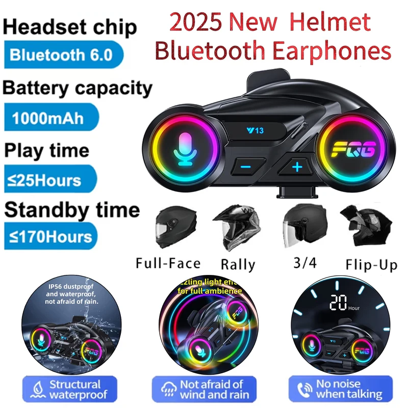 1/2Pcs Y13 Motorcycle Helmet Headset BT6.0 1000mAH Battery Life with FM Radio Waterproof Noise Reduction Rgb Light Earphone