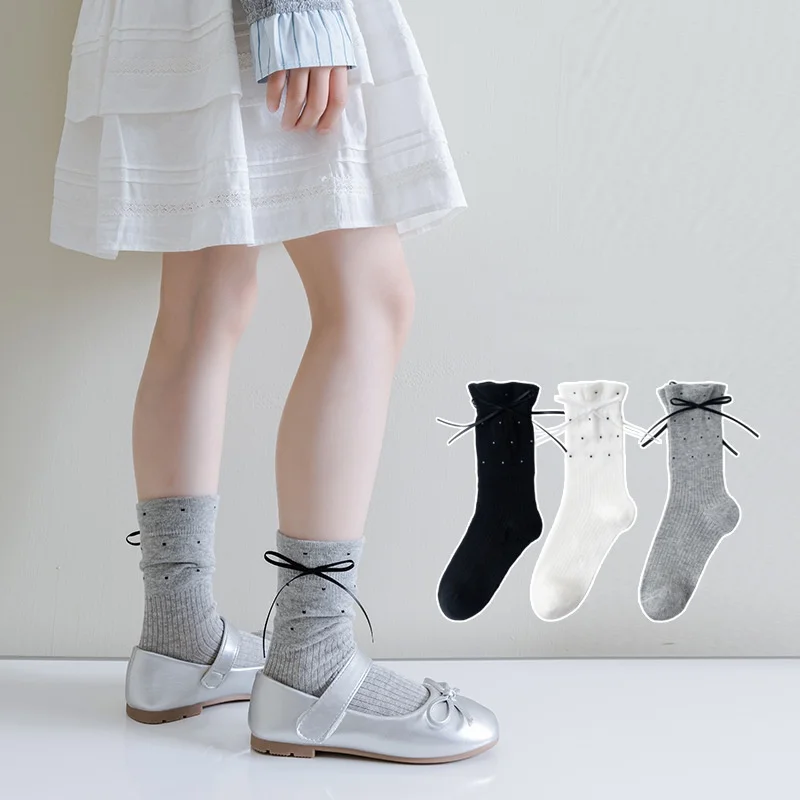 Kids Thin Mid-Calf Socks For Girls Spring Summer Children's Ruffle Korean Ballet Style Socks Sweet Polka Dot Bow Princess Sock