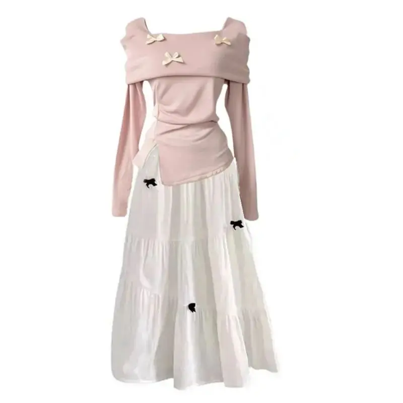 Women Blue Butterfly Knot Dress French Retro Elegant Long Sleeve Floor Length Spring Autumn Fashion Polyester Skirt for Wedding