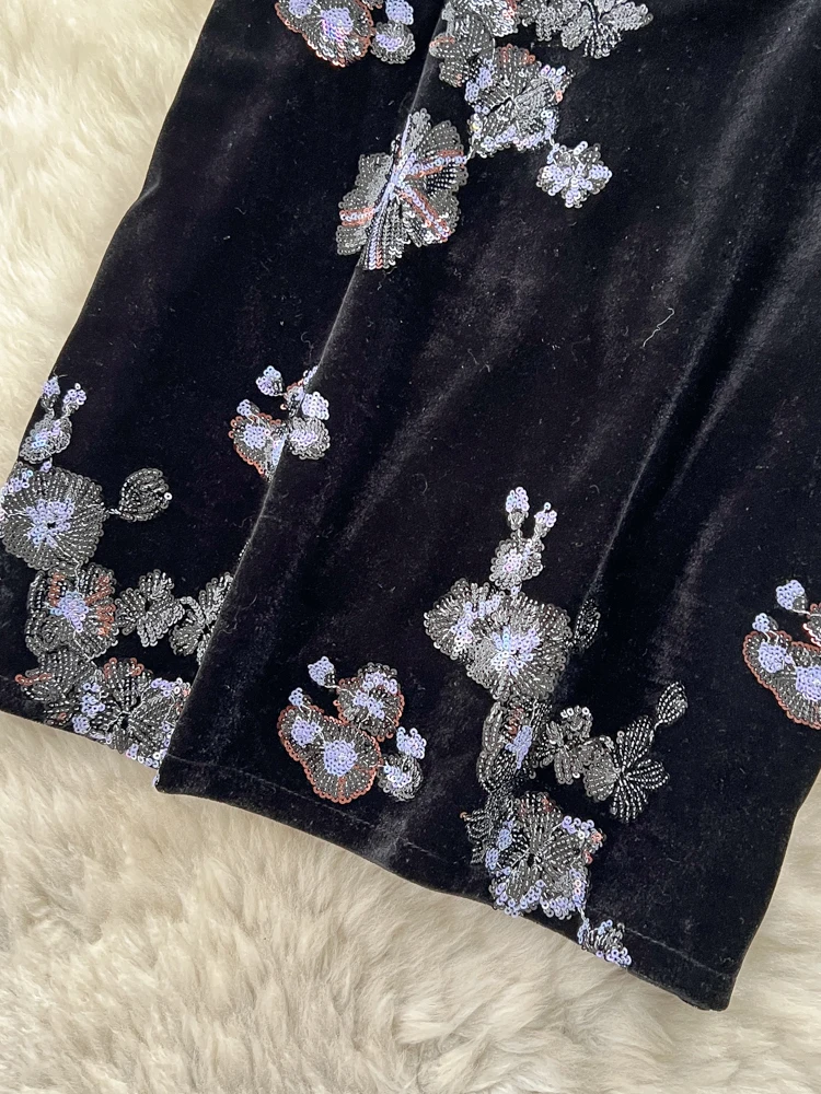 Ele الثقيلة التطريز الترتر المخملية عالية الخصر المرأة تنورة Ci تخفيف ألف خط صورة ظلية الوقوف صالح الصيف تنورة #3