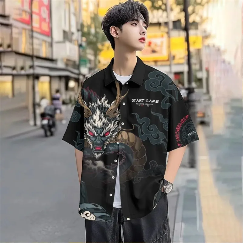 

2025 men's Chinese Loong 3D printing men's shirt polyester top men's casual shirt lapel design, durable and smooth texture