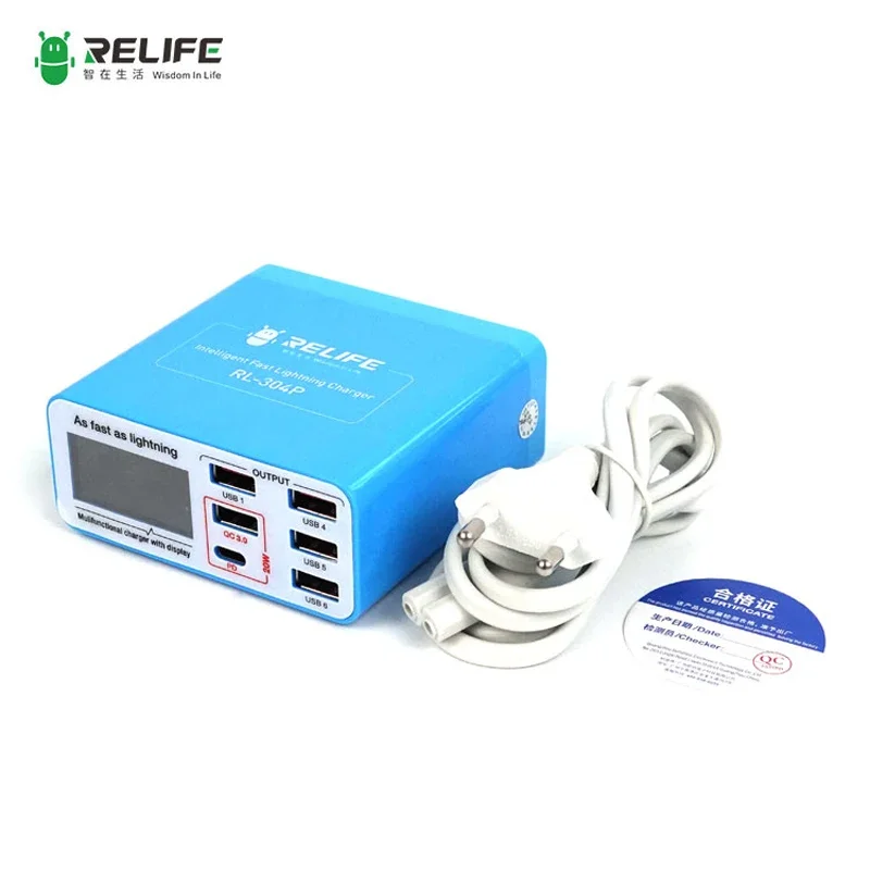 Relife RL-304P Digital Display 6-port USB Charger QC3.0+PD3.0 Fast Charging Machine for All  Phone Android Tablets Tools