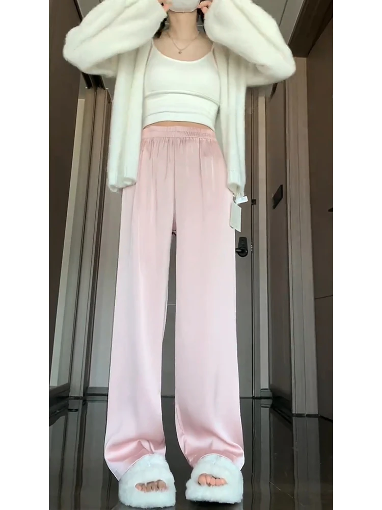 2024 Summer Silky Touch Acetate Not Easy to Wrinkle Elastic Waist Satin Wide Leg Pants Casual Loose Trousers