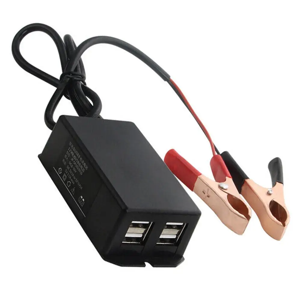 12V DC Power Adapter with Battery Clip Motorcycle Vehicle USB Hub Phone Charger 4 Ports USB 5V 3A DC8-30V Charging