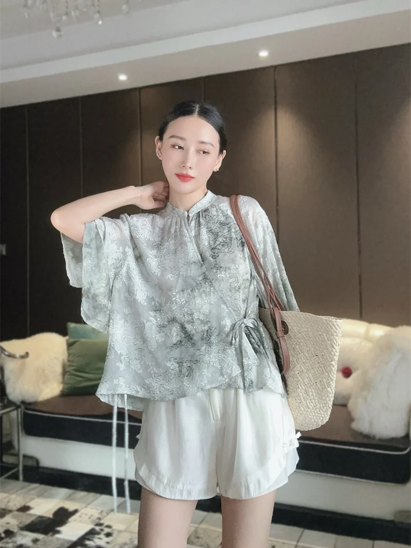 

Silk Embroidered Ruffle Sve irt Women's Vintage Commute Sle Belted Dyeing Chinese New Sle Asymmetrical Slit Blouse