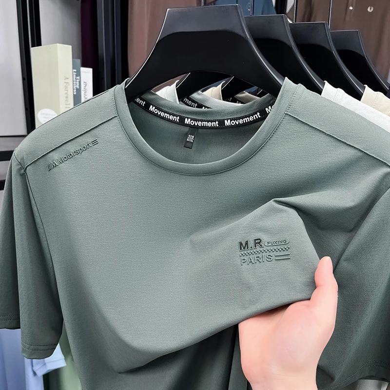 العلامة التجارية الفاخرة أزياء إلكتروني تنقش قصيرة الأكمام تي شيرت الراقية حريري ناعم تنفس بارد مريح الرجال جولة الرقبة أعلى #2