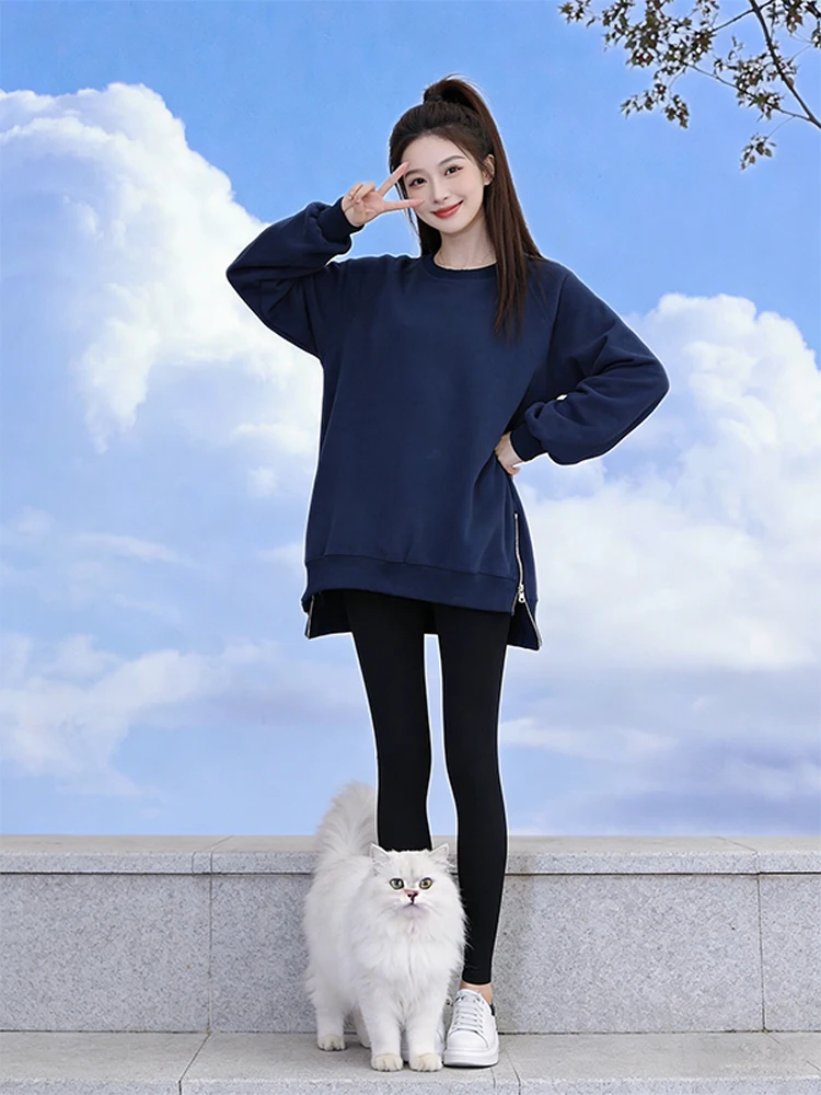 

Удобный женский свитшот с круглым вырезом и длинными рукавами, однотонный, весна-осень, новый, омолаживающий, в стиле кэжуал