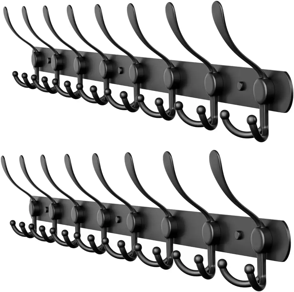 

Настенная вешалка для одежды с 8 крючками, нержавеющая сталь, 24-дюймовая черная матовая отделка для хранения в ванной комнате — 2 шт.