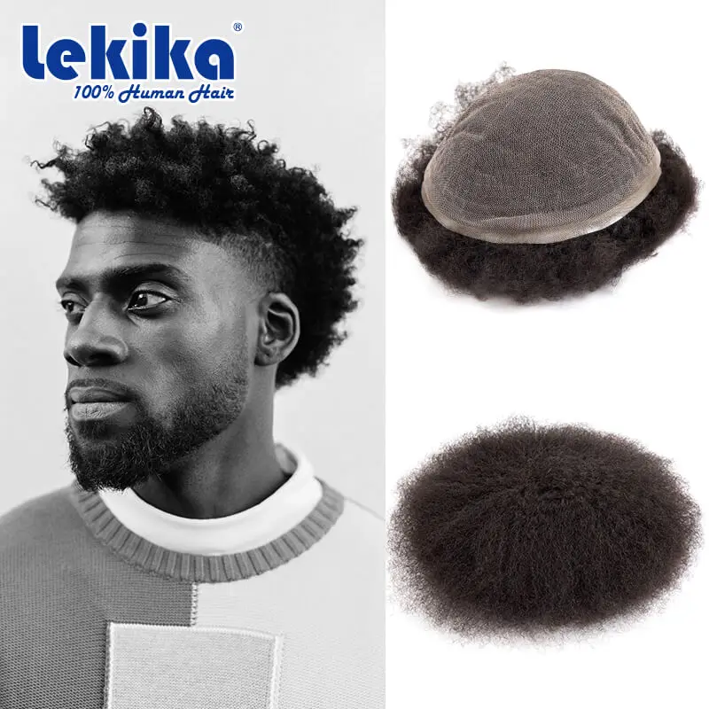 Premier Full Lace Base Afro Curly Toupee for Men Male Hair Prosthesis 6 Mens Replacement Unit Mens 100% Natural Human Hair Wigs