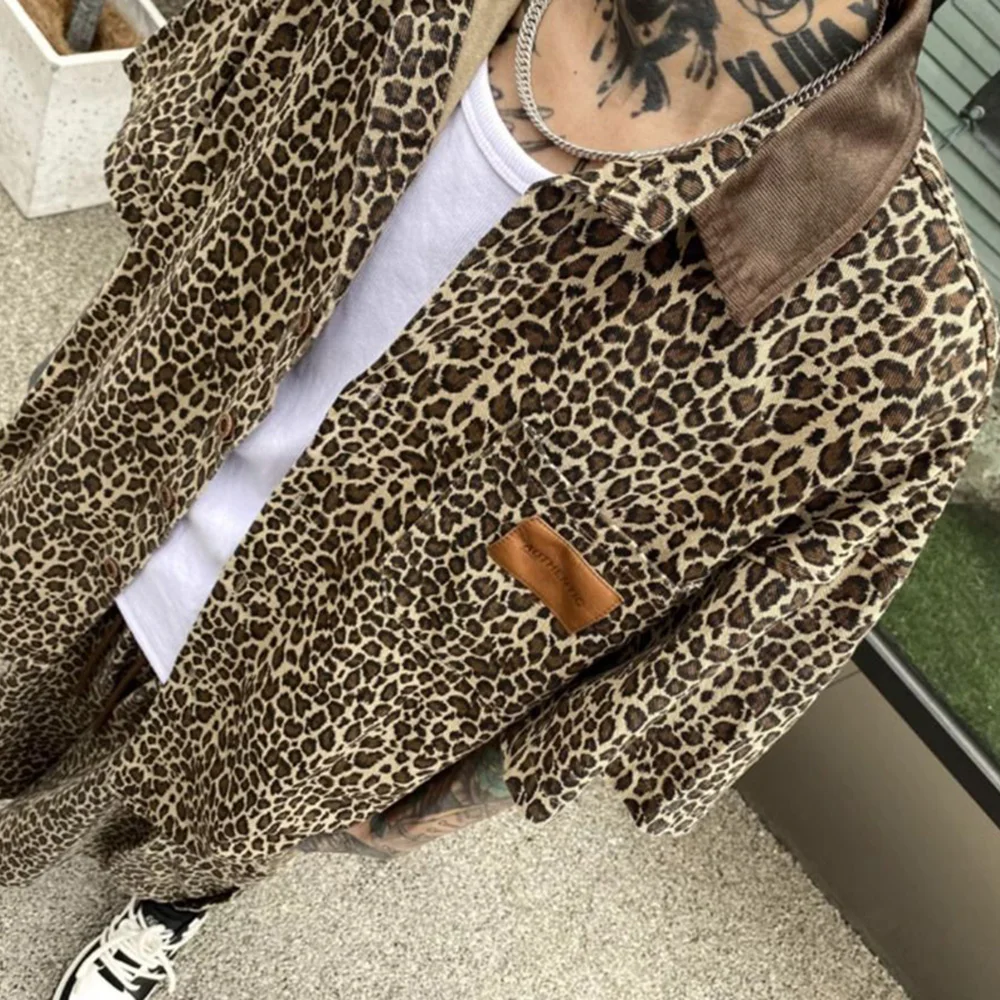 Mens Y2k Two-Piece Suit 2024 Summer New American Street Retro Leopard Print Casual Short-Sleeved Cardigan Shorts Two-Piece Suit