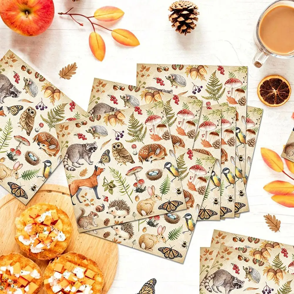 20pcs Retro Hand-Painted Mushroom & Animal Forest Style Printed Napkins for Picnic Party Dessert Table Decor ﻿