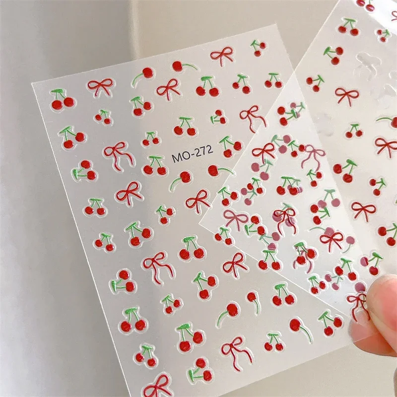 1pcs Kawaii Red Cherry Bow Nail Stickers 3D Cute Bow Fruit Back Adhesive Stickers Press On Nails DIY Nail Art Decorations Decals
