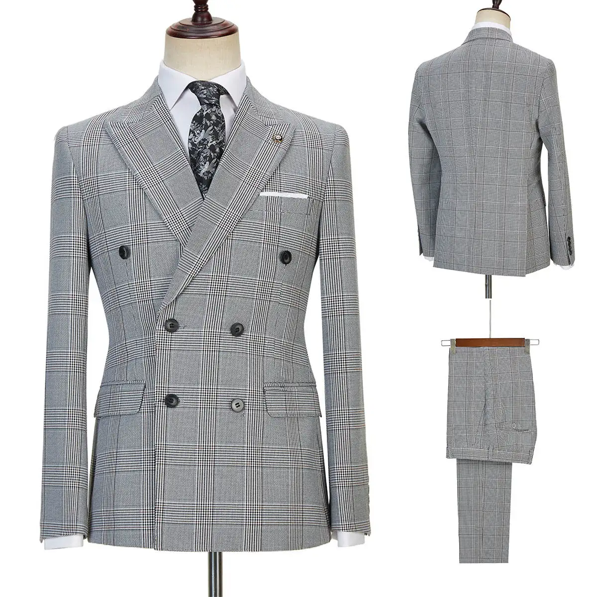 Formal Plaid Checked Men's Tuxedo Suits 2 Pcs Customized Double Breasted Blazer Cocktail Business Evenings Dinner Party Suits