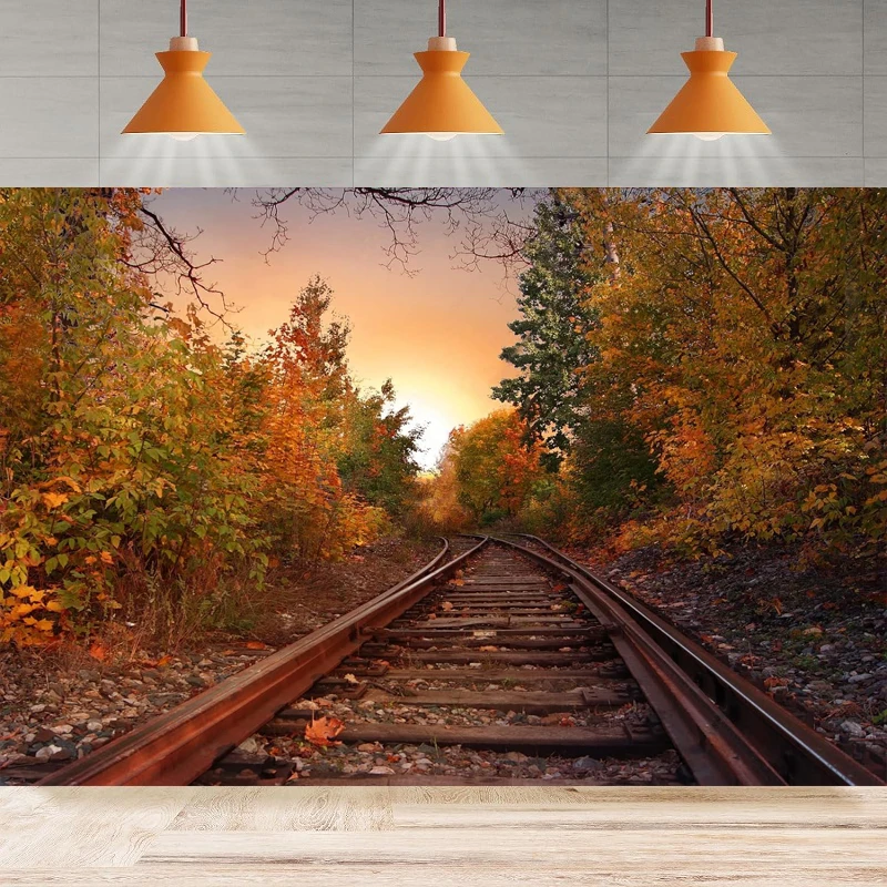 Train Railroad Track Photography Backdrop Old Train Tunnel Colorful Leafs Forest Fall Scenery Background Party Backdrop Wall