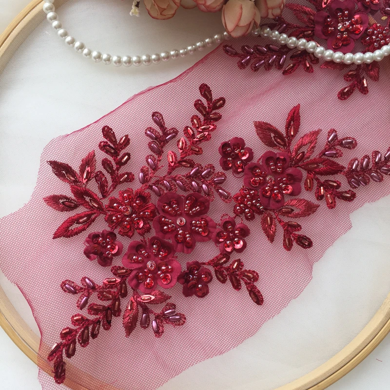 DIY Beading Lace Hand beaded Flowers Leaves Embroidery Mesh Lace