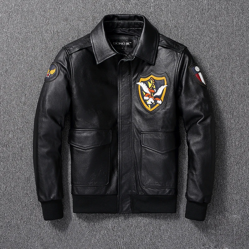 Top Layer Calfskin Leather Jacket Men's Embroidered Multi-Standard Air Force Flight Suit Leather Jacket Coat Large Size