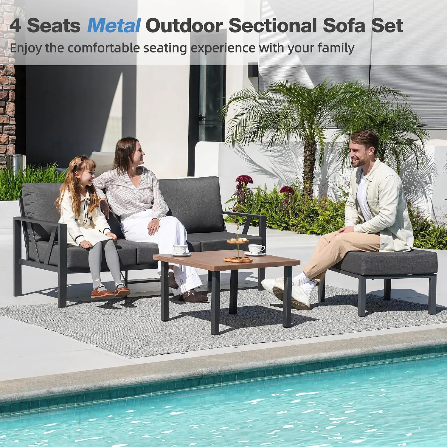 Outdoor Sectional Sofa With Ottoman & 6 Inch Cushions, Customized
