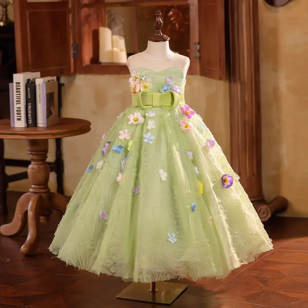 Custom JDY High-end Heavy Beaded Flower Girl Dress Wedding Gown Birthday Party Pageant 3D Floral Tulle Ball Gown فساتين اطفال