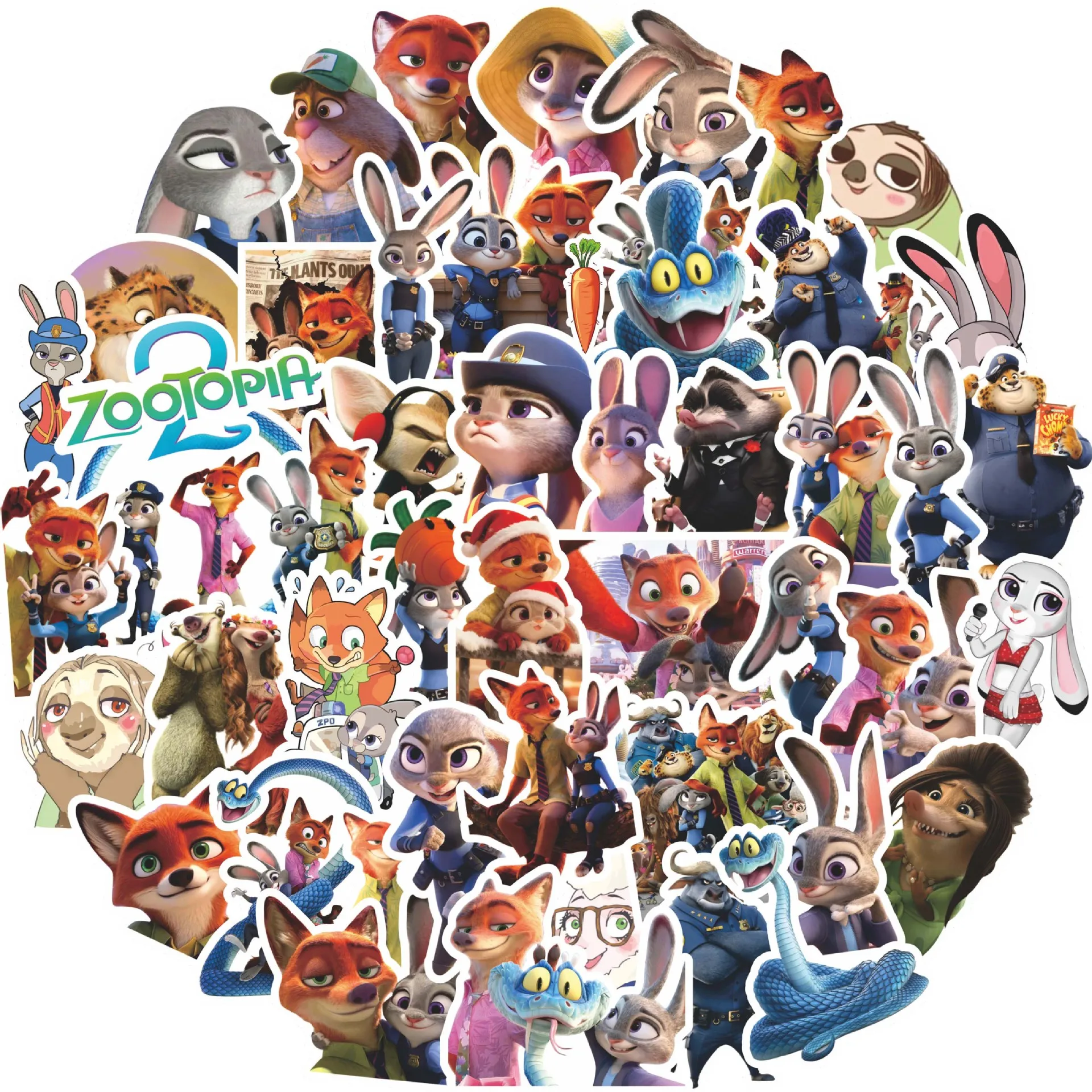100pcs Set Zootopia 2 Anime Cute Judy Rabbit Nick Fox Gray Snake Figures Cartoon Animals DIY Stickers Diary Decoration Fans Gift
