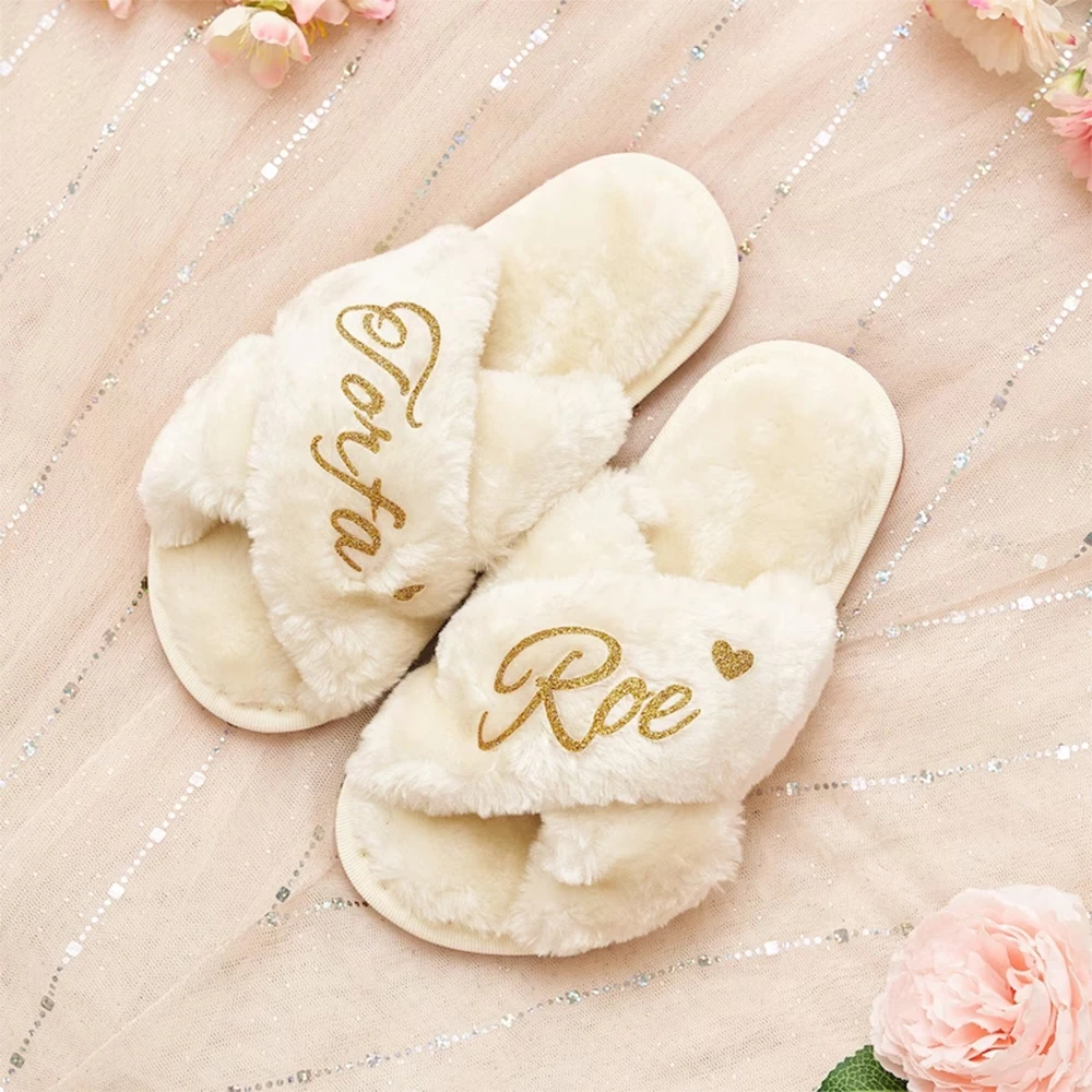 Custom Fluffy Bridal Slippers Wedding Gift, Personalized Bridesmaid Gifts, Bridal Shower Favors, Birthday and Christmas Gifts